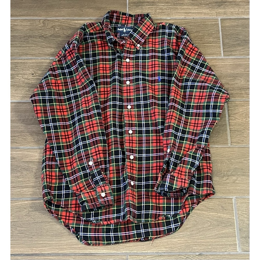 Polo Ralph Lauren Mens Medium Red Blue Plaid Long Sleeve Flannel Button Up Shirt